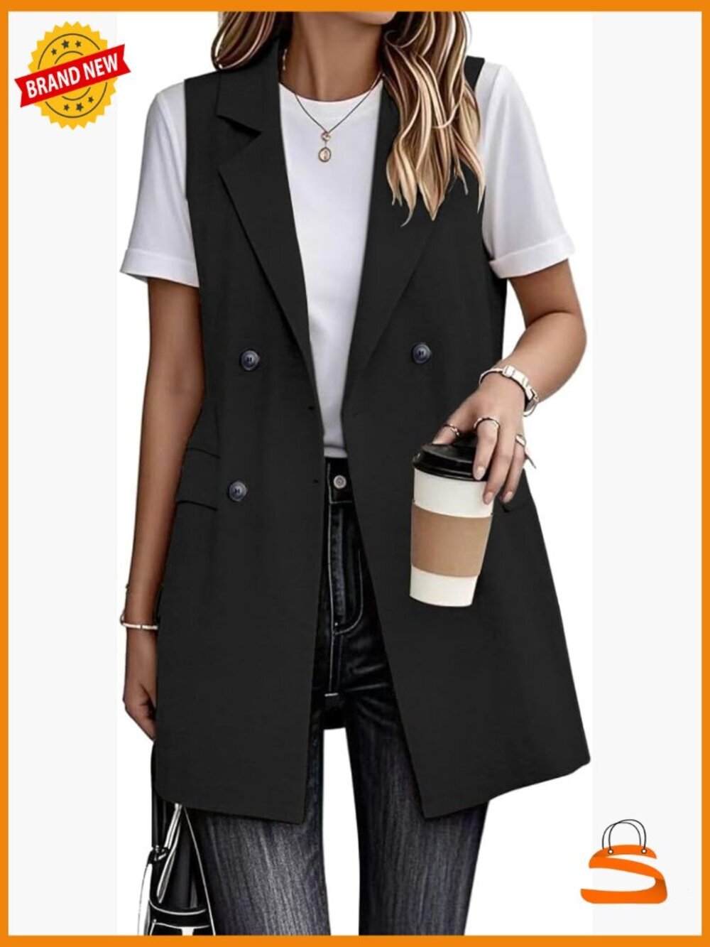 Long Linen Vest Blazer Sleeveless Jacket with Pockets Lightweight Layering